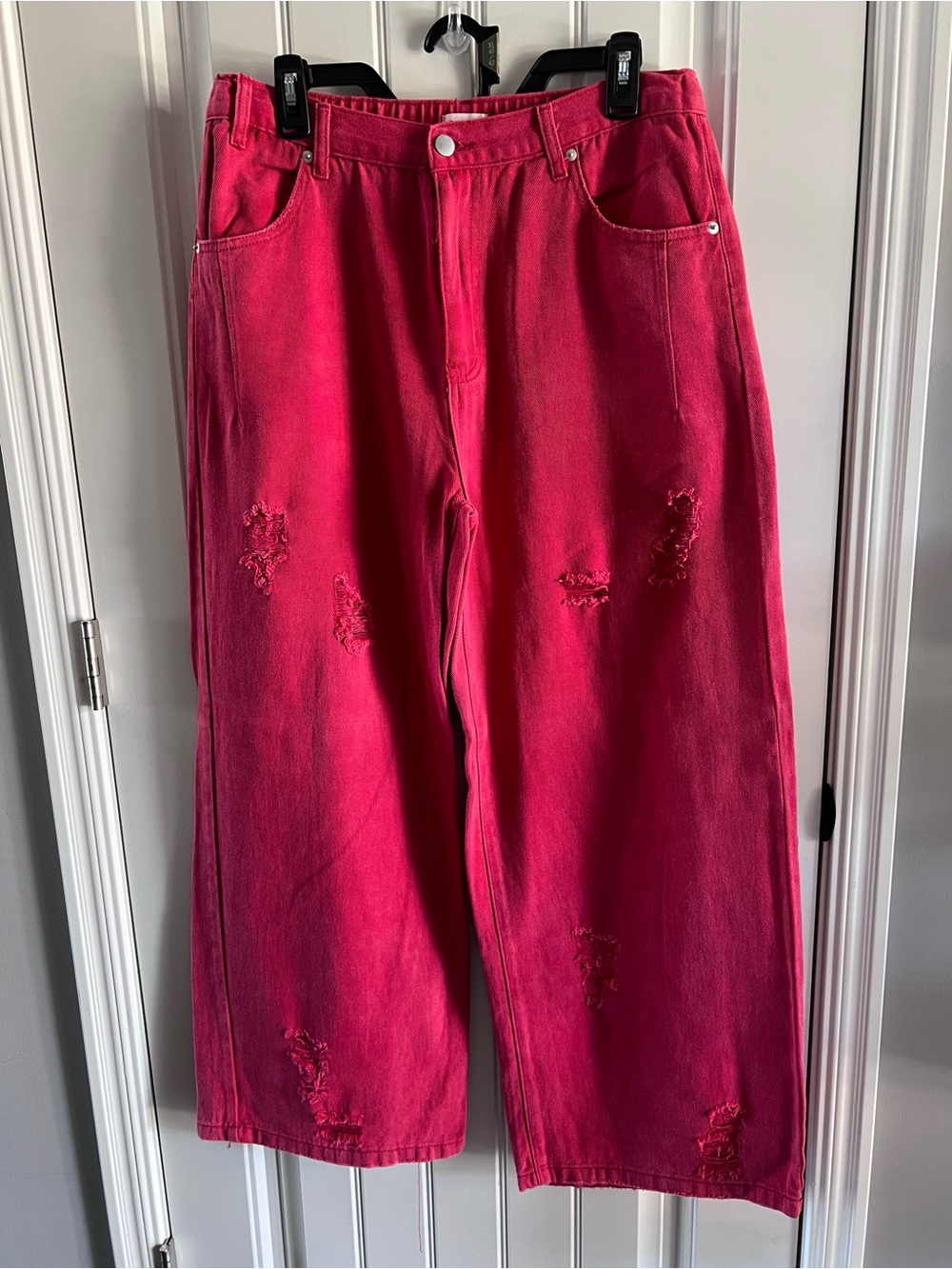 POL Red Wide-Leg Distressed Jeans